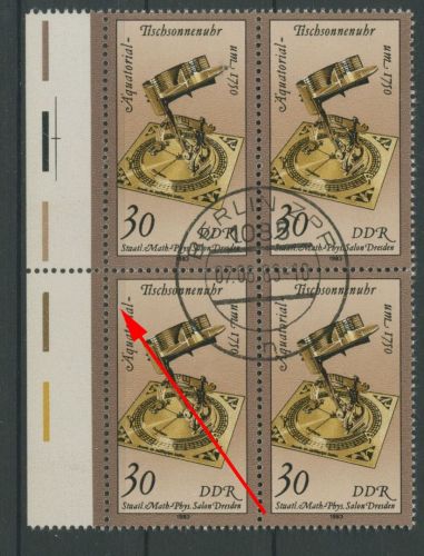 DDR 1983 Uhren mit Plattenfehler 2799 F 31 4er-Block mit Massenentwertung