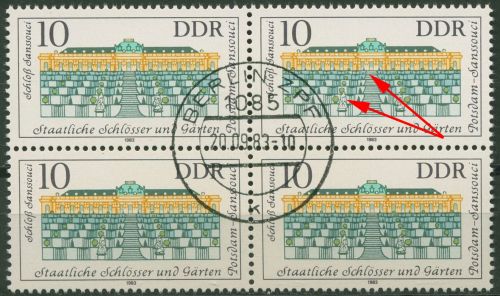 DDR 1983 Schlösser mit Plattenfehler 2826 F 14 4er-Block mit Massenentwertung