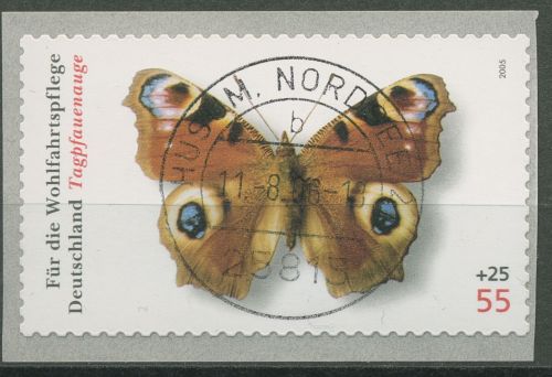 Bund 2005 Tagpfauenauge Rollenmarke sk 2504 mit Nr. und TOP-Stempel
