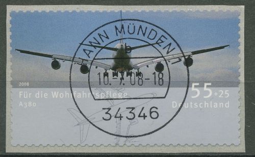 Bund 2008 Airbus A 380 Rollenmarke sk 2676 mit Nr. und TOP-Stempel