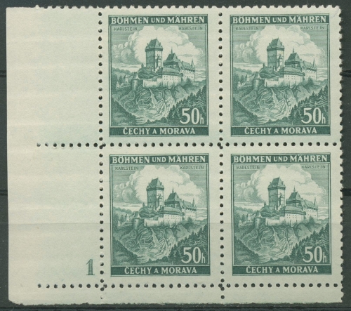 Böhmen & Mähren 1939 Eckrand-4er-Block 50er-Bogen 26 Pl.-Nr. 1 postfrisch