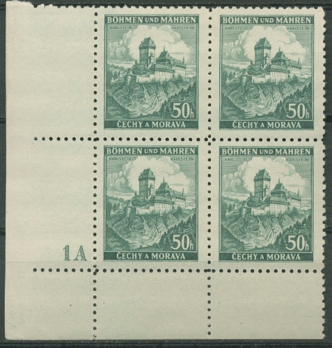 Böhmen & Mähren 1939 Eckrand-4er-Block 100er-Bogen 26 Pl.-Nr. 1A postfrisch