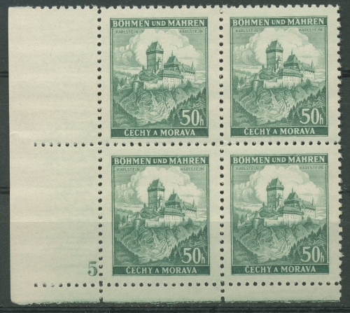 Böhmen & Mähren 1939 Eckrand-4er-Block 50er-Bogen 26 Pl.-Nr. 5 postfrisch