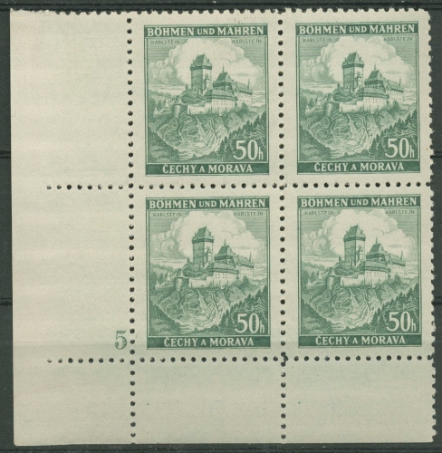 Böhmen & Mähren 1939 Eckrand-4er-Block 100er-Bogen 26 Pl.-Nr. 5 postfrisch