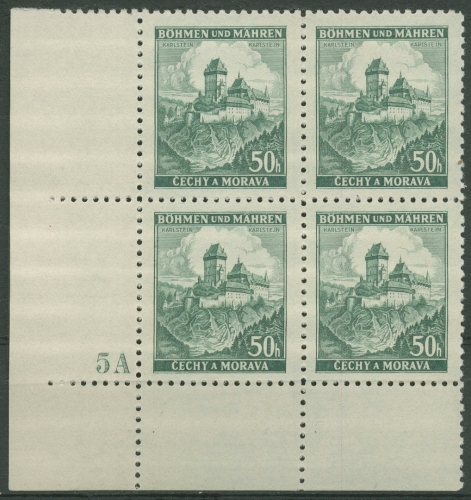 Böhmen & Mähren 1939 Eckrand-4er-Block 100er-Bogen 26 Pl.-Nr. 5A postfrisch