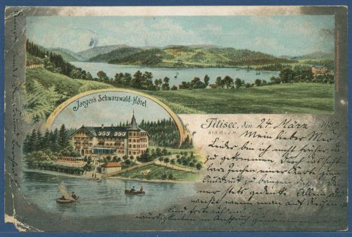 Titisee Jaeger's Schwarzwald-Hotel, gelaufen 1902, Mängel (AK5897)