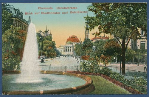 Chemnitz Carolastraße Blick auf Theater und Petrikirche, gelaufen 1912 (AK5881)