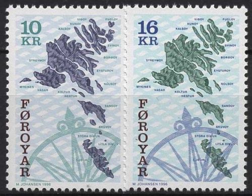 Färöer 1996 Landkarte, Geogr. Karte der Färöer, Kompaßrose 303/04 postfrisch