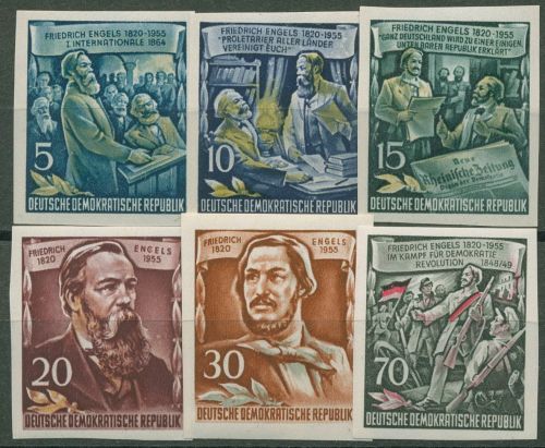 DDR 1955 Friedrich Engels Einzelmarken aus Block 485/90 B mit Falz