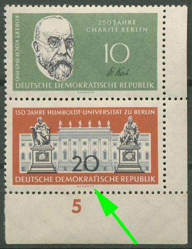 DDR 1960 Humboldt-UNI mit Plattenfehler 797 F 50 a in S Zd 13 Ecke postfrisch