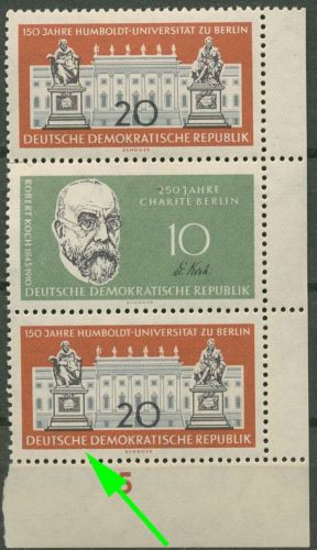 DDR 1960 Humboldt-UNI mit Plattenfehler 797 F 50 b in S Zd 19 Ecke postfrisch