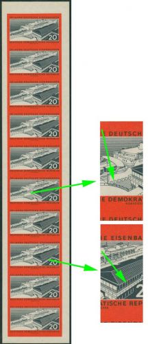 DDR 1960 Eisenbahn 10er-Streifen mit Plattenfehlern 805 B F 6 und F 8 postfrisch