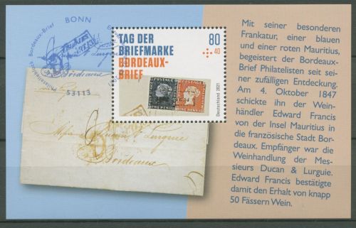 Bund 2021 Tag d. Briefmarke Bordeaux-Brief Block 88 ESST Bonn (C62883)