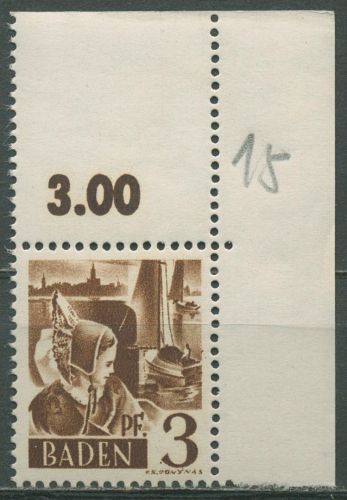 Franz. Zone: Baden 1947 Trachtenmädchen Type I Ecke o. re. 2 yv I postfrisch