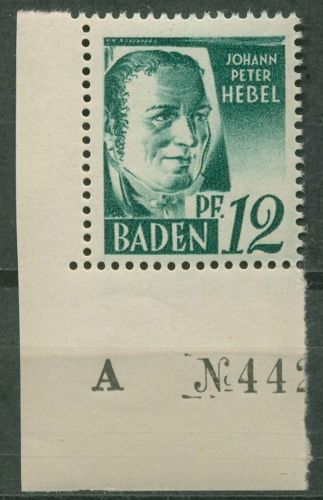 Franz. Zone: Baden 1947 Johann P. Hebel Type III Ecke u. li. 4 yv III postfrisch