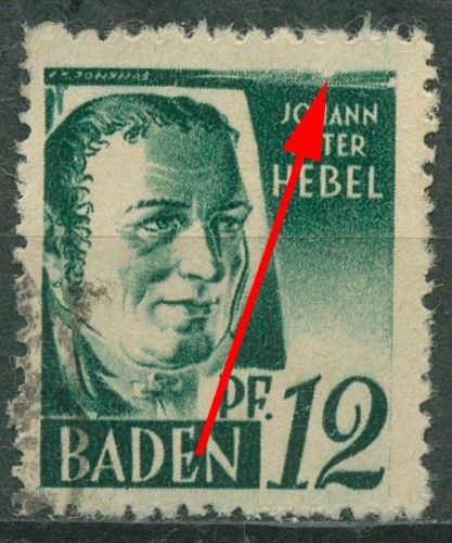 Französische Zone: Baden 1947 Hebel mit Plattenfehler 4 vv PF I gestempelt