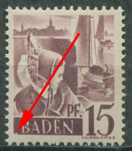 Franz. Zone: Baden 1947 Trachtenmädchen m. Plattenfehler 5 PF II postfrisch