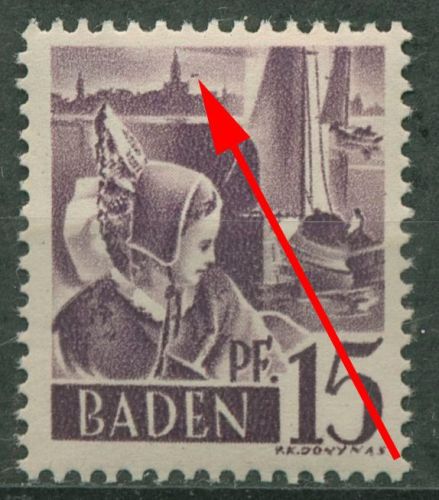 Französische Zone: Baden 1947 Trachtenmädchen Plattenfehler 5 PF III postfrisch