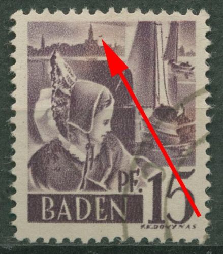 Französische Zone: Baden 1947 Trachtenmädchen Plattenfehler 5 PF III gestempelt
