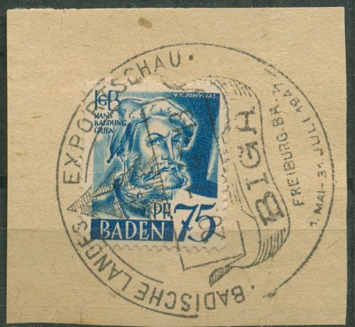 Franz. Zone: Baden 1947 Hans Baldung Type I, 11 v v I Sonderstempel Briefstück