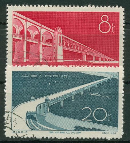China 1957 Bau der Yangtse-Brücke in Wuhan 347/48 gestempelt