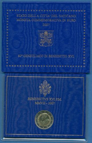 Vatikan 2 Euro 2007 80. Geburtstag Papst Benedikts, original Folder, st (m1428)