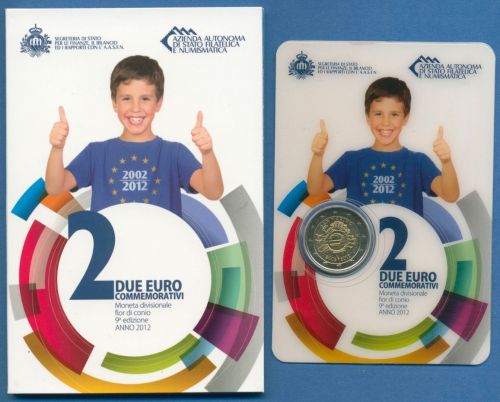 San Marino 2 Euro 2012 10 Jahre Euro-Bargeld, im original Folder, st (m1441)