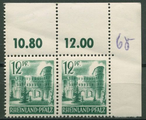 Franz. Zone: Rheinl.-Pfalz 1947 Porta Nigra Typenpaar 4 y v I+II Ecke 2 postfr.
