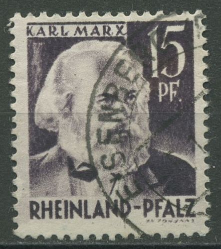 Französische Zone: Rheinland-Pfalz 1947 Karl Marx Type I, 5 y v I gestempelt