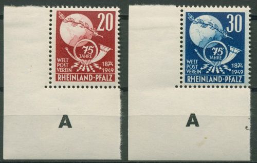 Franz. Zone Rheinl.-Pfalz 1949 UPU 51/52 Ecke postfrisch, Rand gefalzt