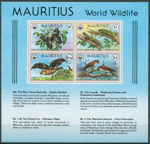 Mauritius 1978 WWF Naturschutz Flughund Turmfalke Block 8 postfrisch (C24268)