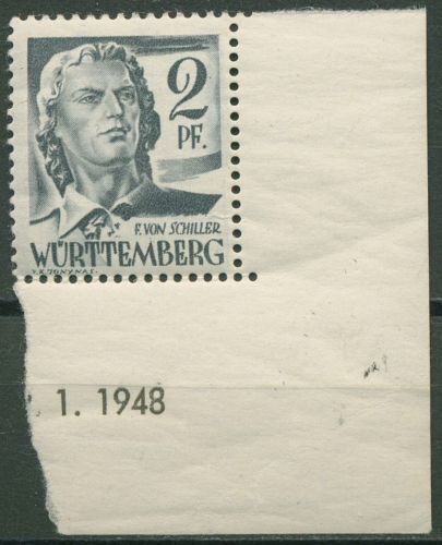 Franz. Zone: Württemberg 1947 Persönlichkeiten/Ansichten 1 yv Ecke 3 postfrisch