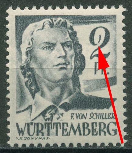 Französische Zone: Württemberg 1947 Schiller m. Plattenfehler 1 PF IV postfrisch