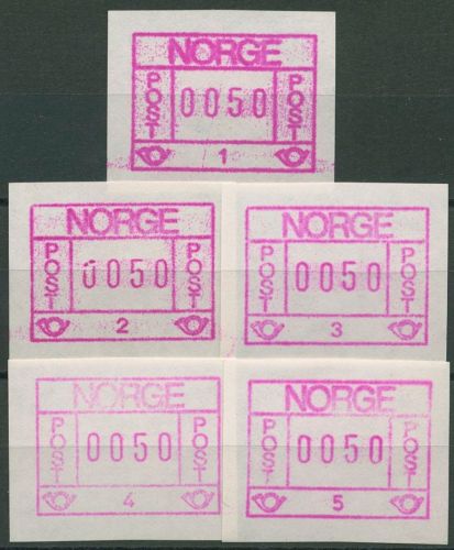 Norwegen 1978 ATM Satz 5 Automaten Papier rauh, hell 1.1/1.5 y a (0,50) postfr.