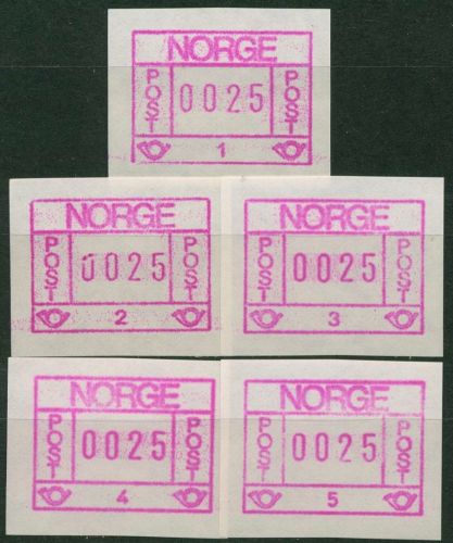 Norwegen 1978 ATM Satz 5 Automaten Papier rauh, hell 1.1/1.5 y a (0,25) postfr.
