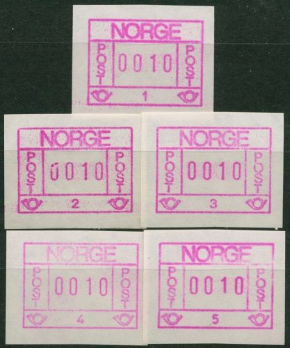 Norwegen 1978 ATM Satz 5 Automaten Papier rauh, hell 1.1/1.5 y a (0,10) postfr.