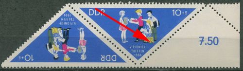 DDR 1964 Pioniertreffen Zusammendruck m. Plattenfehler 1045 F 5 in K1 postfrisch