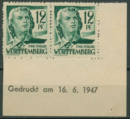 Franz. Zone: Württemberg mit Druckdatum 1947 Schiller 4 v v Br u postfrisch