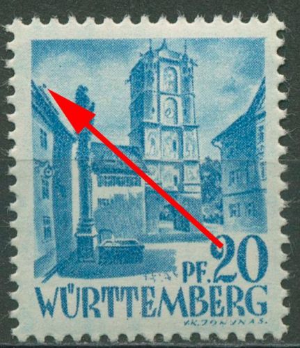 Französische Zone: Württemberg 1947 Stadttor m. Plattenfehler 7 PF I postfrisch