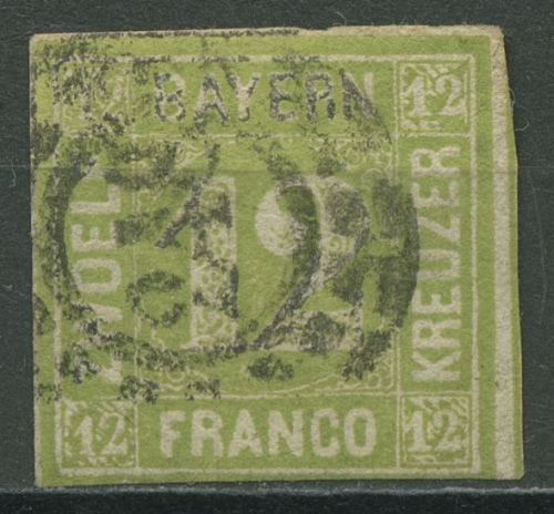 Bayern 1862 12 Kr. dkl.-gelbgrün 12 gestempelt, kleiner Fehler