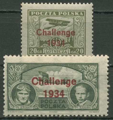 Polen 1934 Europaflug 1934 MiNr 230 u. 280 mit rotem Aufdruck 289/90 postfrisch