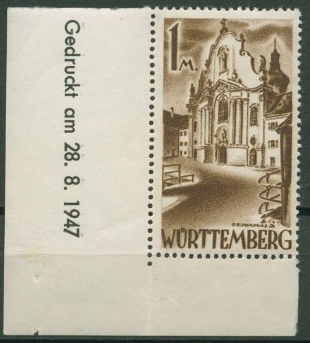 Franz. Zone: Württemberg 1947 Barockkirche Druckdatum, 13 y v Br u mit Falz