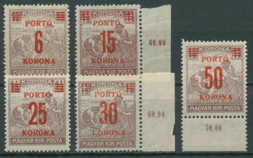 Ungarn 1922 Portomarken Schnitter P 74/78, teils mit Rand, postfrisch