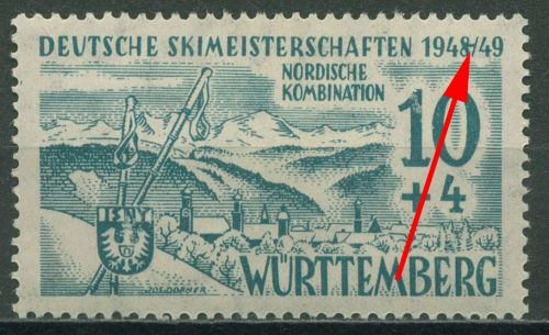 Franz. Zone: Württemberg 1949 Skimeisterschaften Plattenfehler 38 x I postfrisch