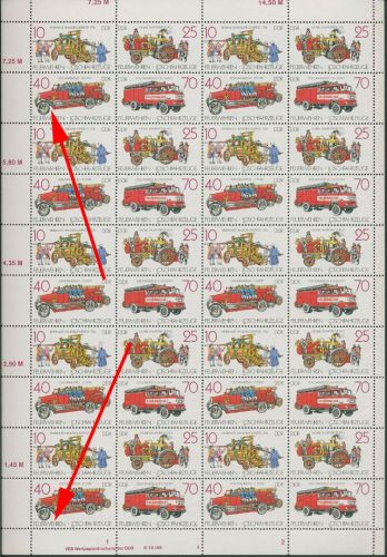DDR 1987 Löschfahrzeuge 3101/04 ZD-Bogen DV 3 mit 2 Plattenfehlern postfrisch