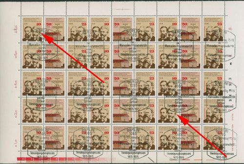 DDR 1975 Arbeiterpartei 2050/52 ZD-Bogen DV II mit Plattenfehler Sonderstempel