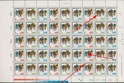 DDR 1977 Friedens-Radfernfahrt Plattenfehler 2216/18 ZD-Bogen DV I postfrisch