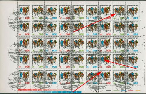 DDR 1977 Friedensfahrt Plattenfehler 2216/18 ZD-Bogen DV I mit Sonderstempel