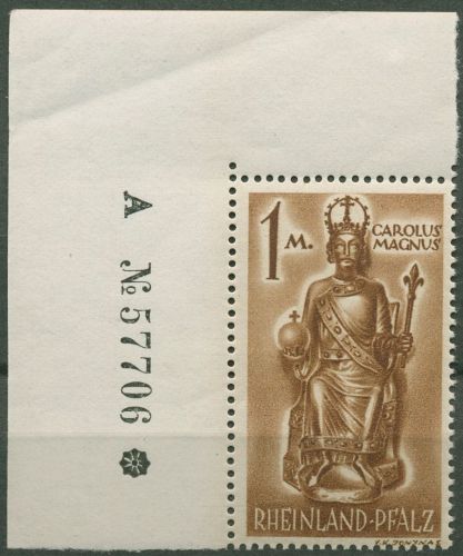 Franz. Zone: Rheinl.-Pfalz 1947 Type I, 15 y v I Ecke Bg.-Nr. postfrisch geprüft