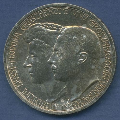 Sachsen-Weimar-Eisenach 3 Mark 1910 A, Hochzeit Wilh. Ernst, J 162 vz/st (m6909)